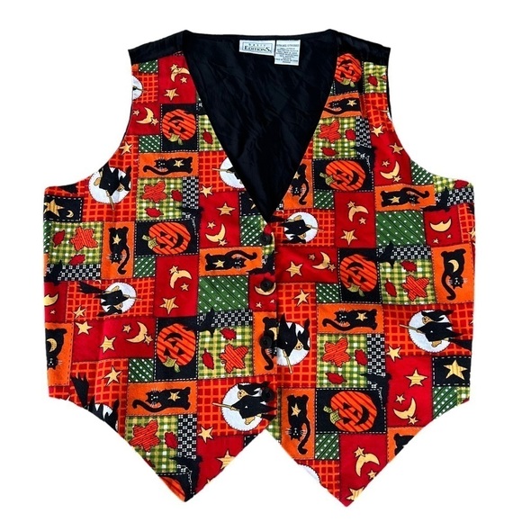 VTG Basic Editions Halloween Patchwork Vest Jack-O-Lantern Cats Witches XL GUC - Picture 1 of 5